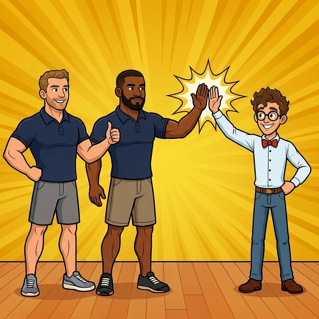 The Dudes and the now-ripped owner flex together